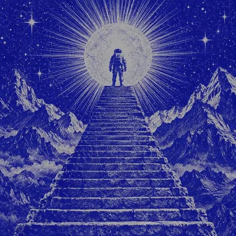Astronaut at the top of a stone staircase before a radiant moon