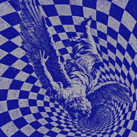Winged figure diving into a spiralling checkerboard