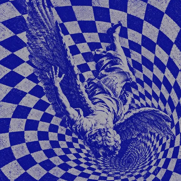 Winged figure diving into a spiralling checkerboard