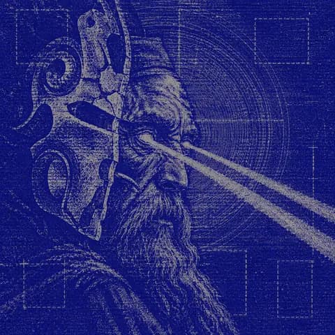 Bearded seer behind a broken mask, a beam of light from his eye